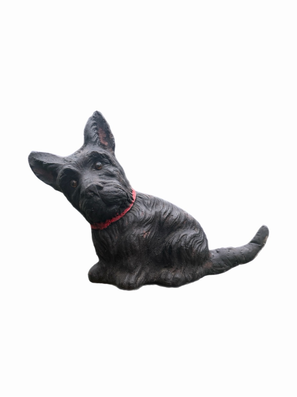Vintage Scottish Terrier Scotty Dog Statue Red Collar Brown Glass Eyes 8” x 10”